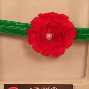 Infant red shabby chic flower with green headband